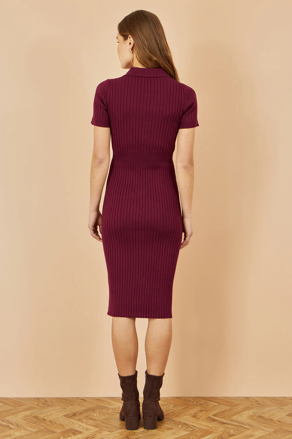 Yumi Burgundy Fitted Rib Knitted Midi Dress With Daisy Buttons - Image 4