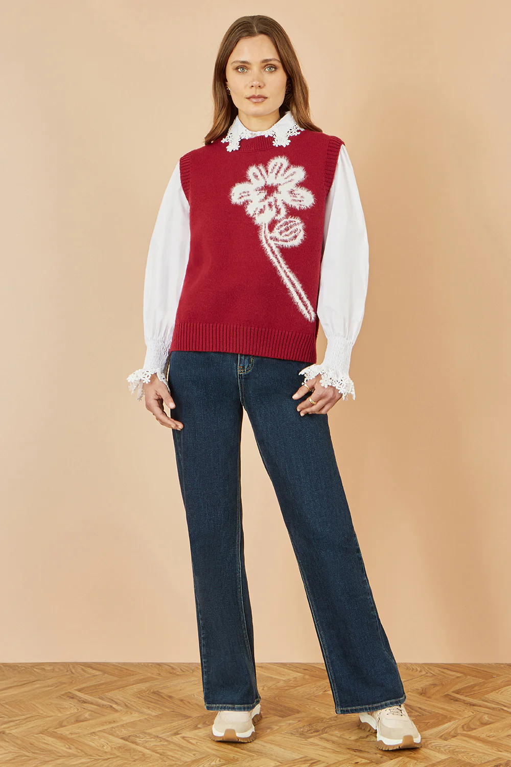 Yumi Burgundy Knitted Flower Sleeveless Jumper Vest - Image 2