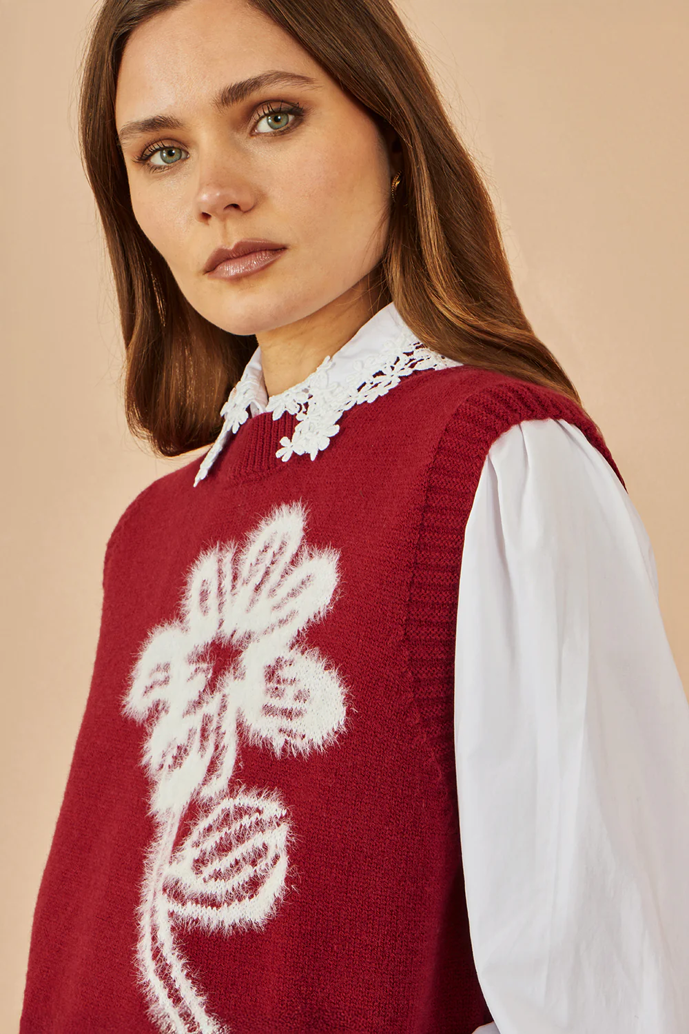 Yumi Burgundy Knitted Flower Sleeveless Jumper Vest - Image 3