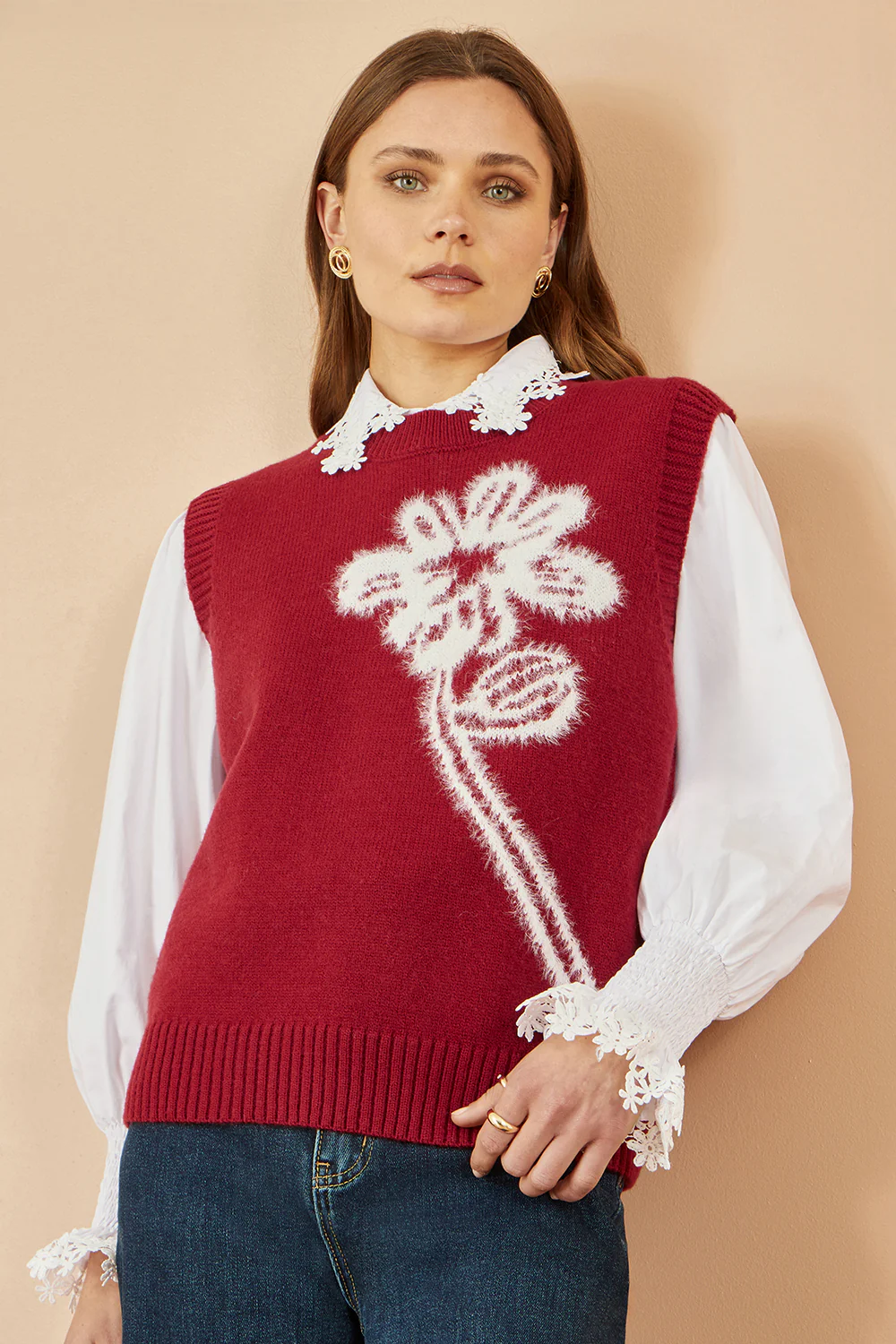 Yumi Burgundy Knitted Flower Sleeveless Jumper Vest - Image 4