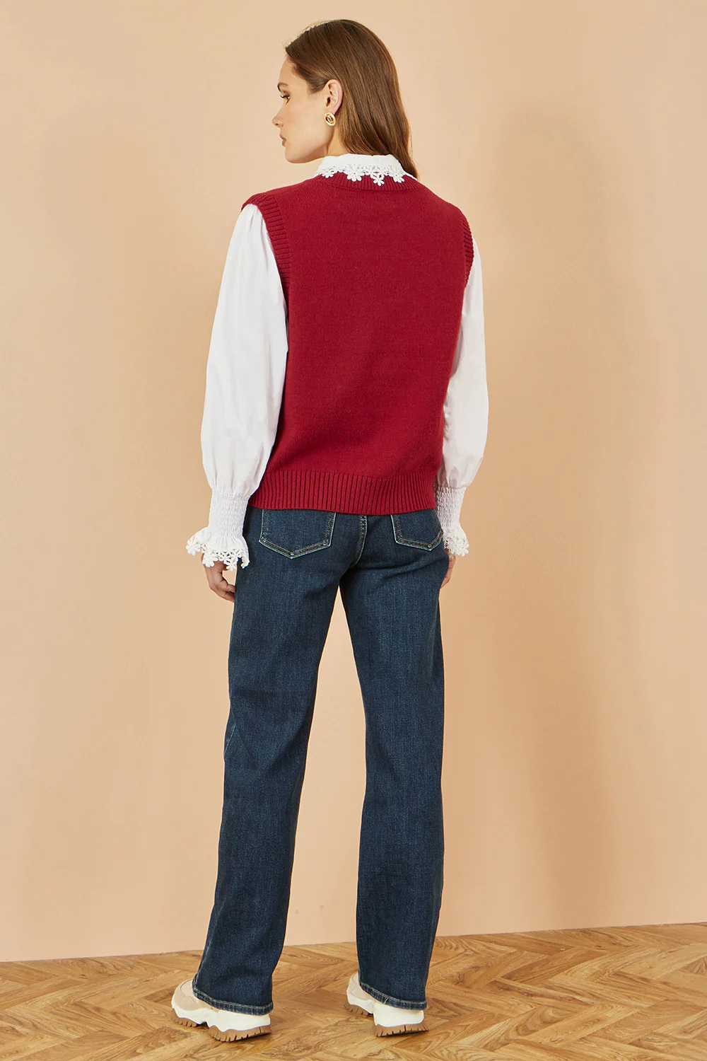 Yumi Burgundy Knitted Flower Sleeveless Jumper Vest - Image 5