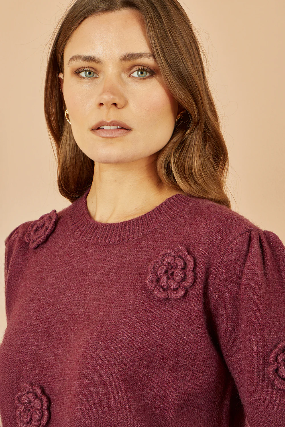 Yumi Burgundy Knitted Jumper With Crochet Flowers - Image 2