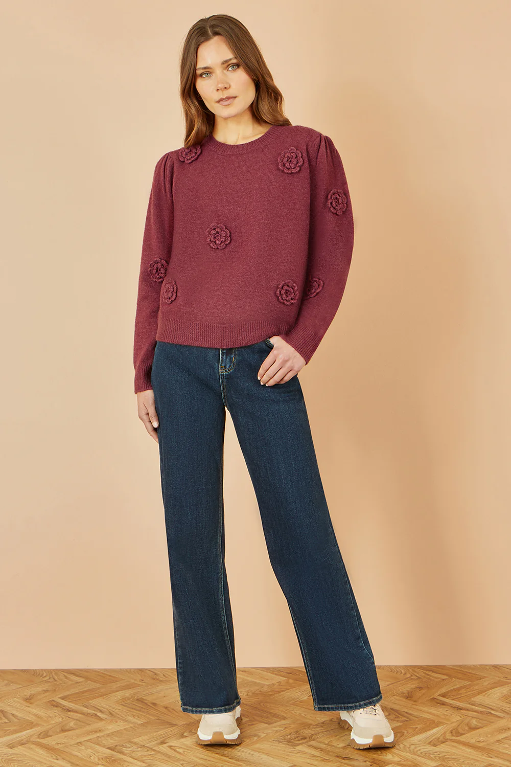 Yumi Burgundy Knitted Jumper With Crochet Flowers - Image 3