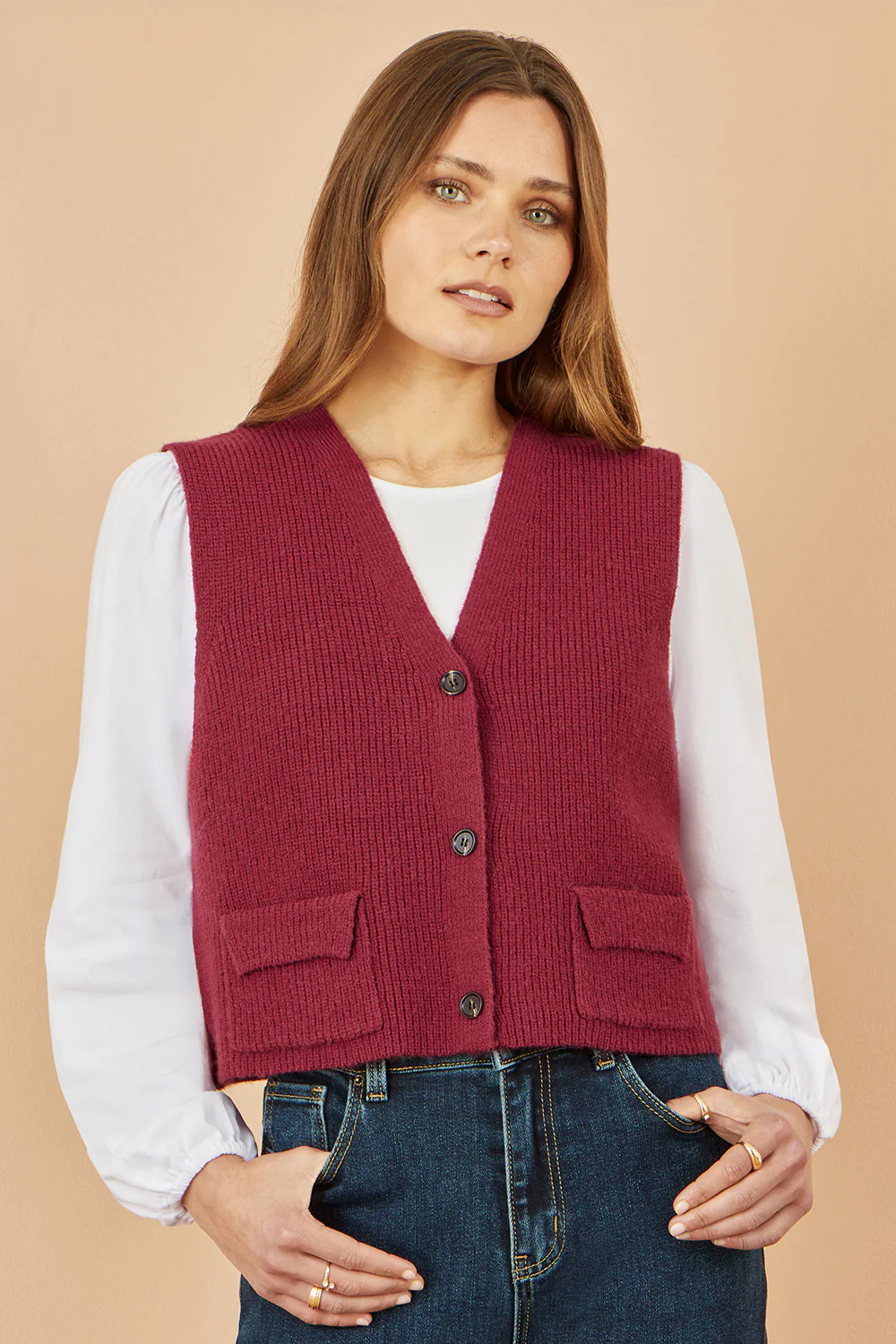 Yumi Burgundy Knitted Pullover Waistcoat - Image 2