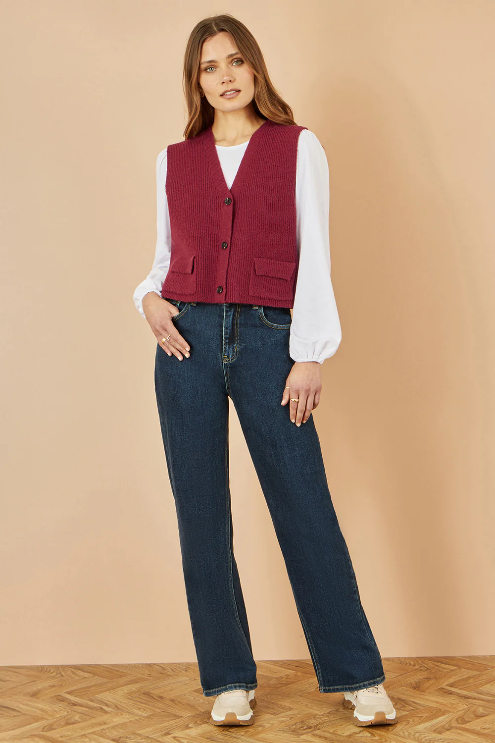 Yumi Burgundy Knitted Pullover Waistcoat - Image 3