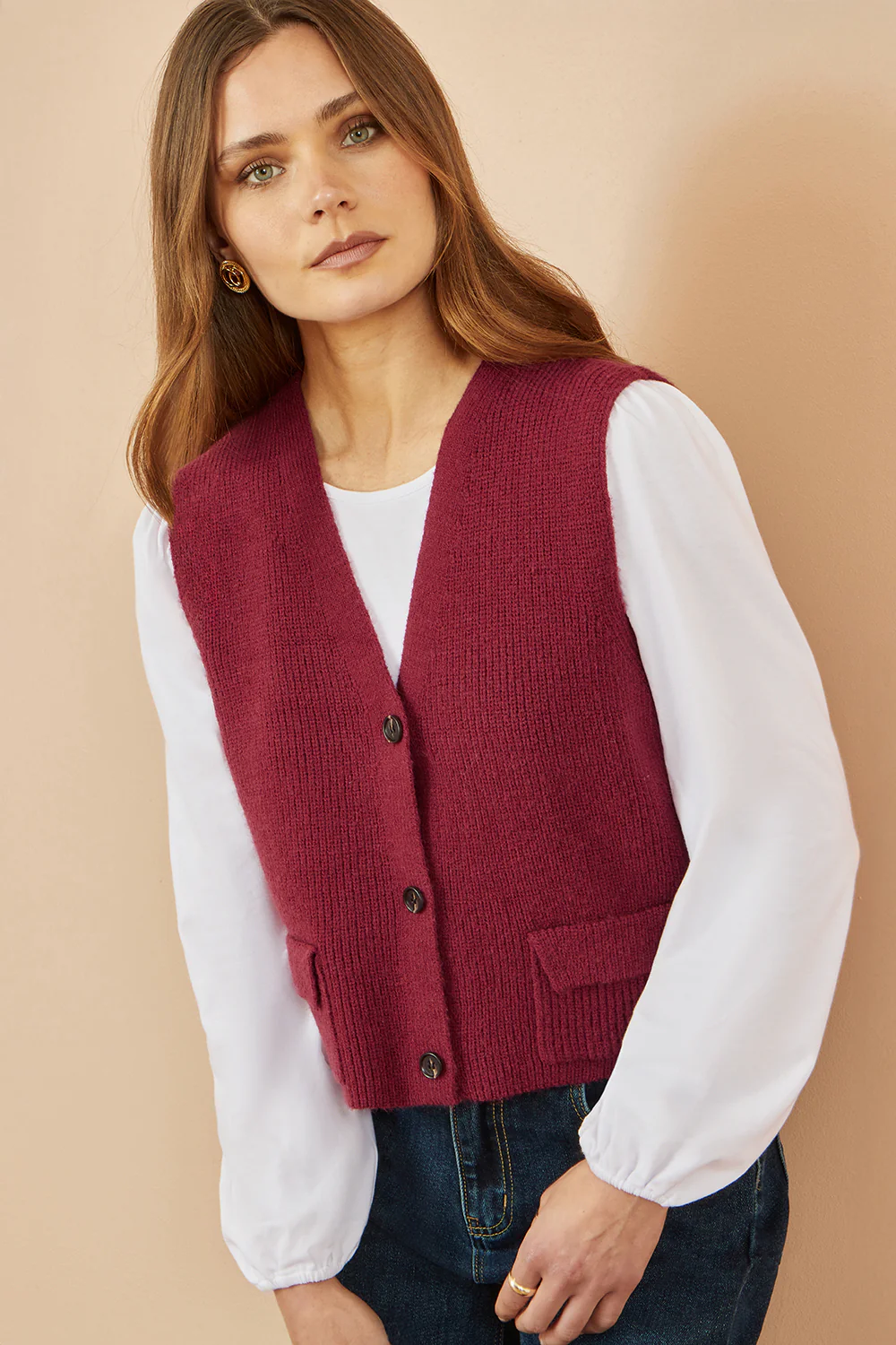 Yumi Burgundy Knitted Pullover Waistcoat - Image 4