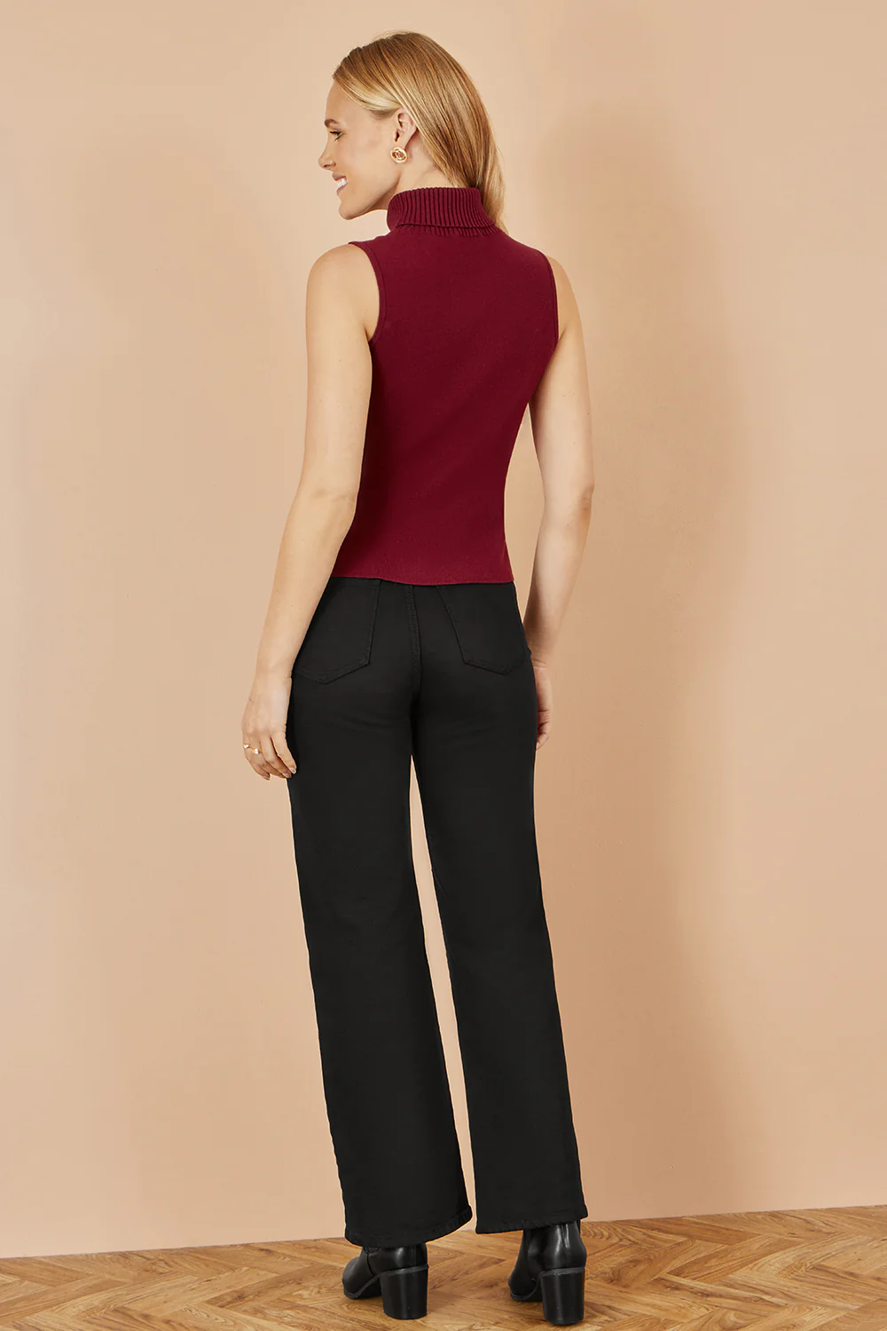 Yumi Burgundy Knitted Roll Neck Sleeveless Jumper - Image 4
