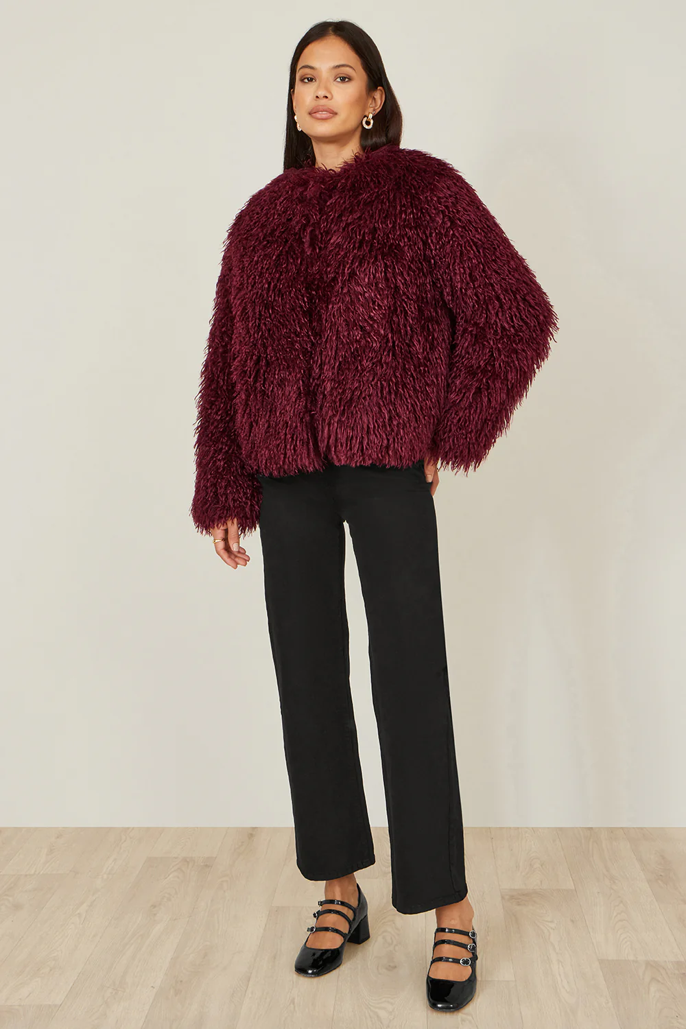 Yumi Burgundy Luxe Fluffy Faux Fur Coat - Image 2