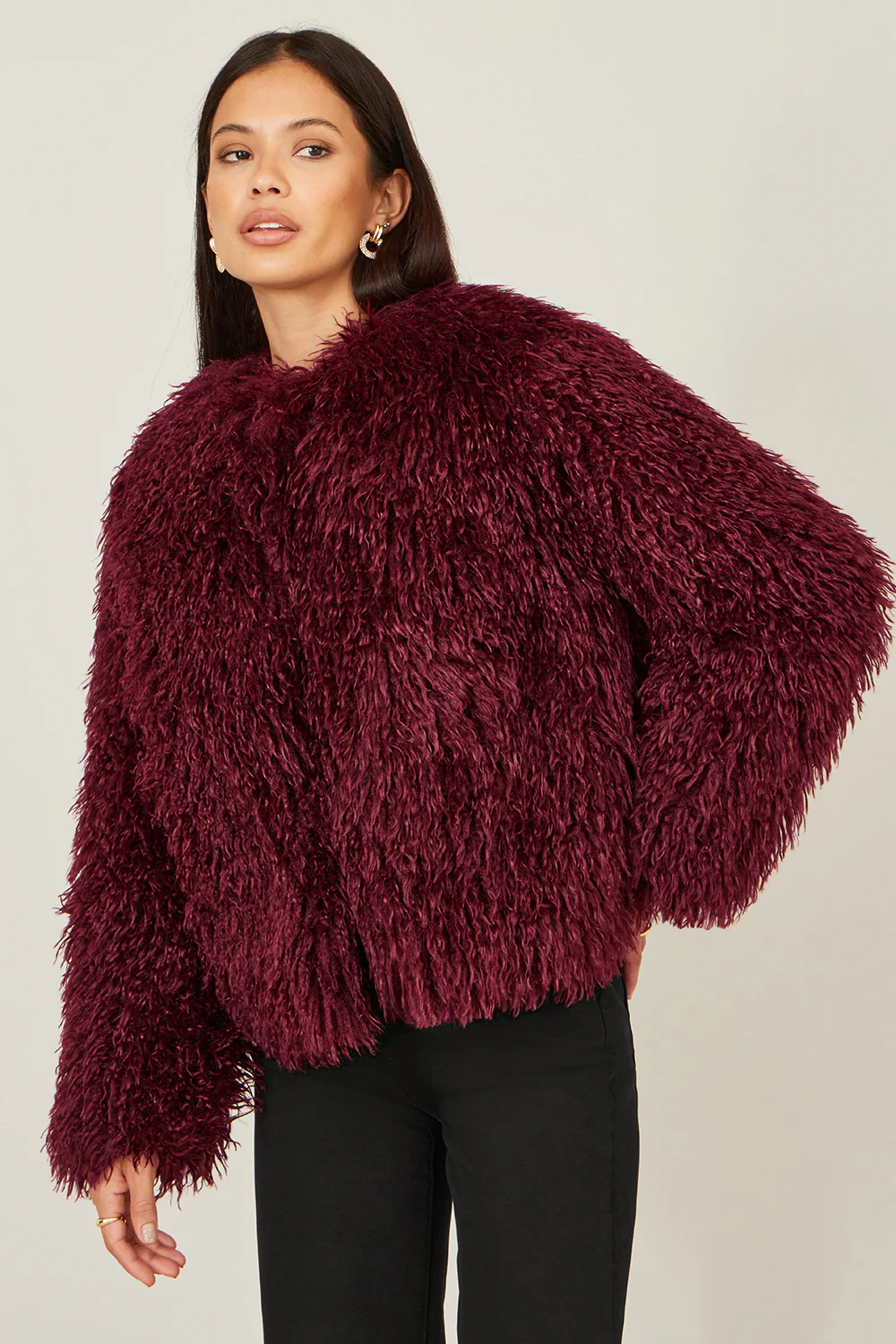 Yumi Burgundy Luxe Fluffy Faux Fur Coat - Image 3