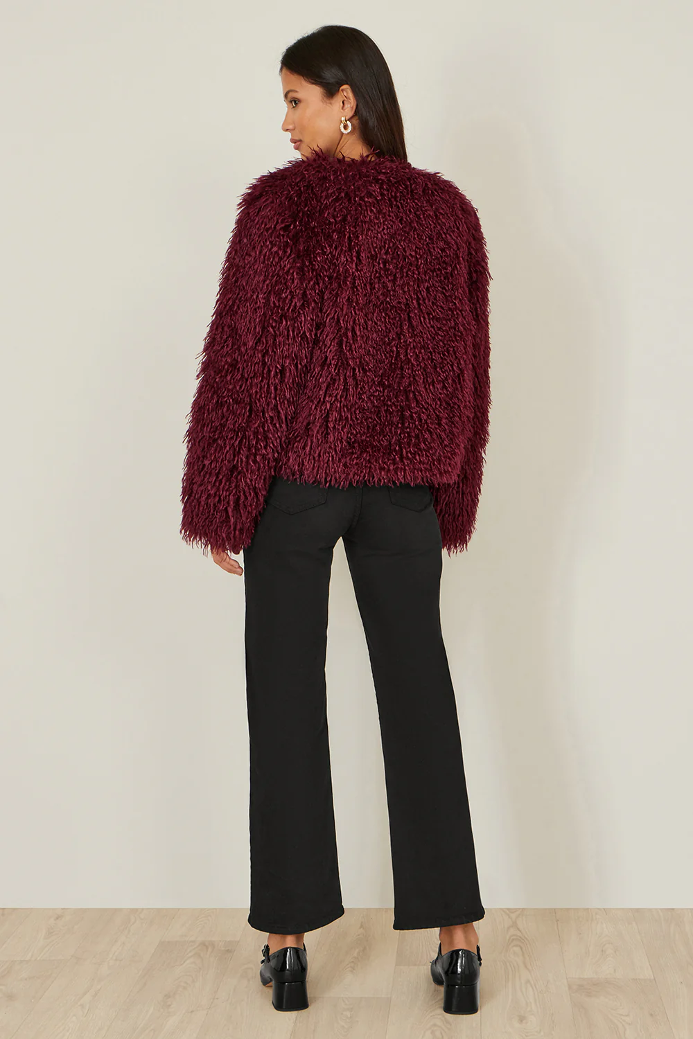 Yumi Burgundy Luxe Fluffy Faux Fur Coat - Image 5