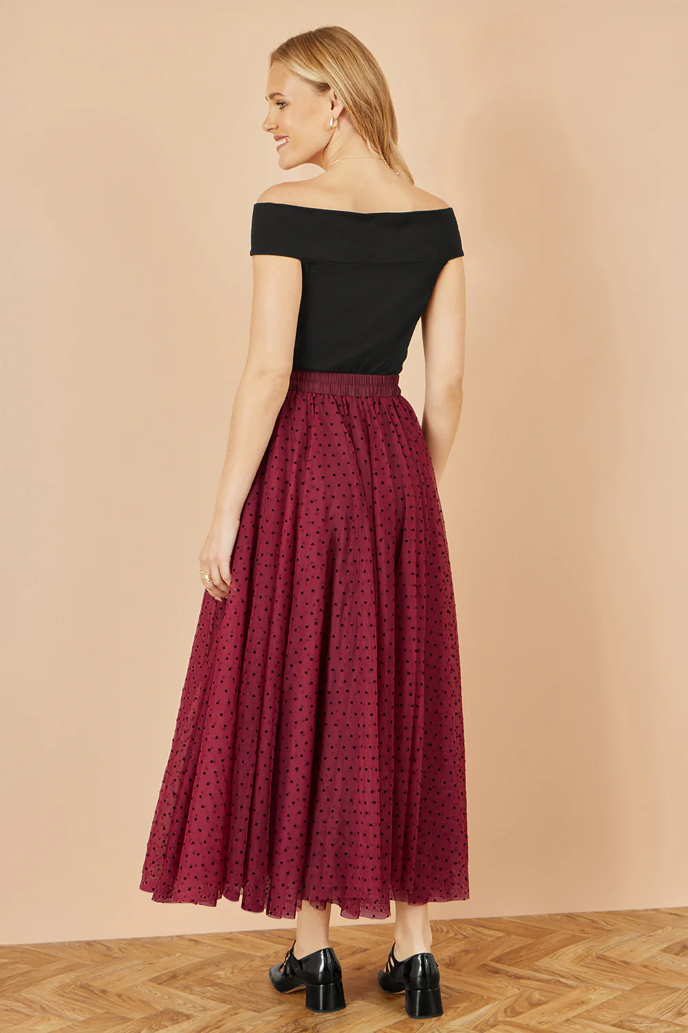 Yumi Burgundy Mesh Heart Print Tulle Skirt - Image 3