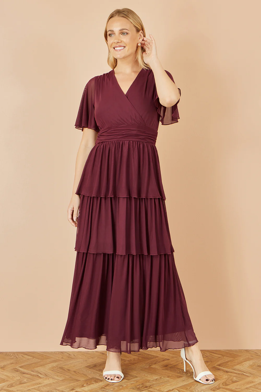 Yumi Burgundy Mesh Tiered Maxi Dress - Image 4