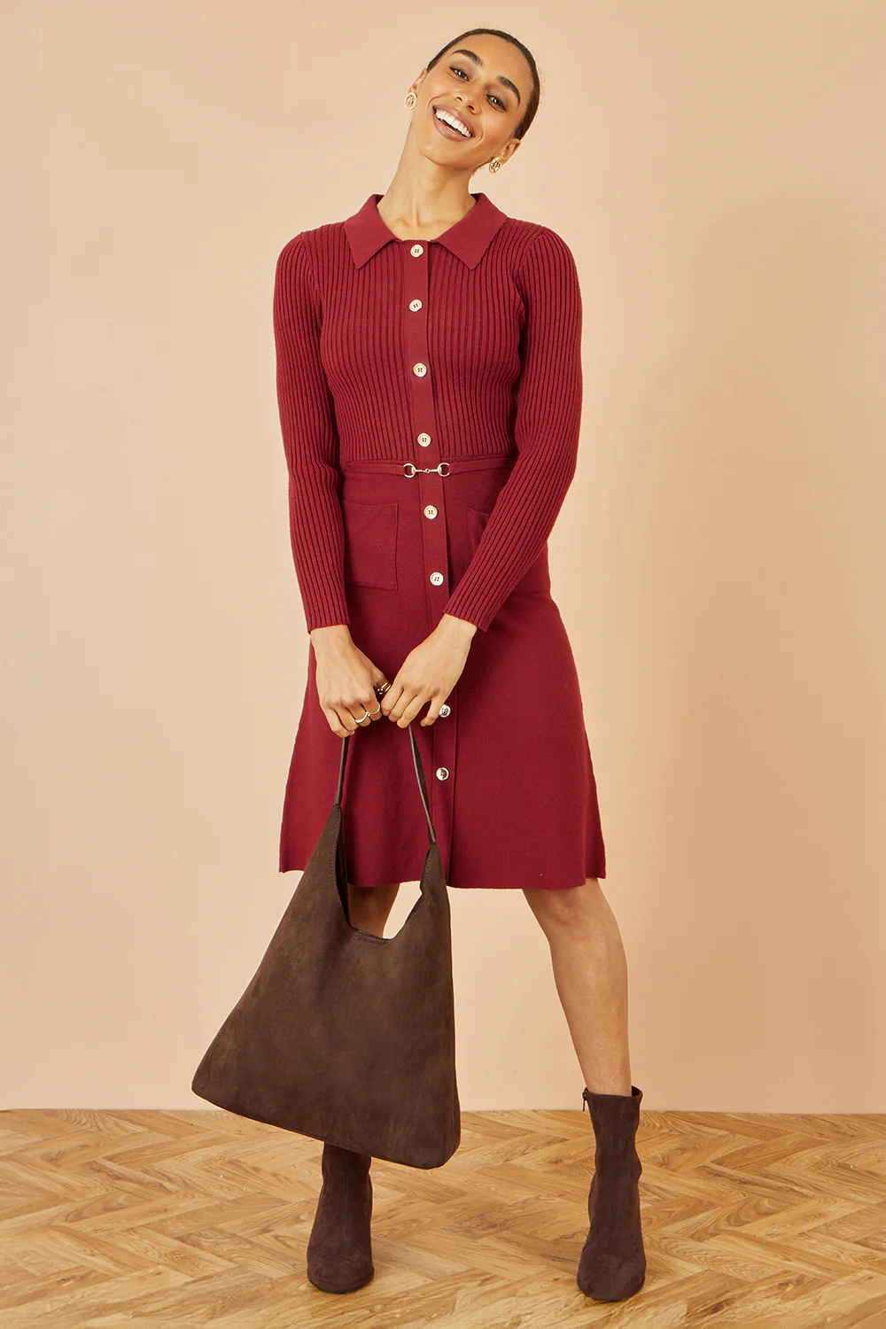 Yumi Burgundy Rib Knit Midi Shirt Dress With Snaffle Belt - Image 2