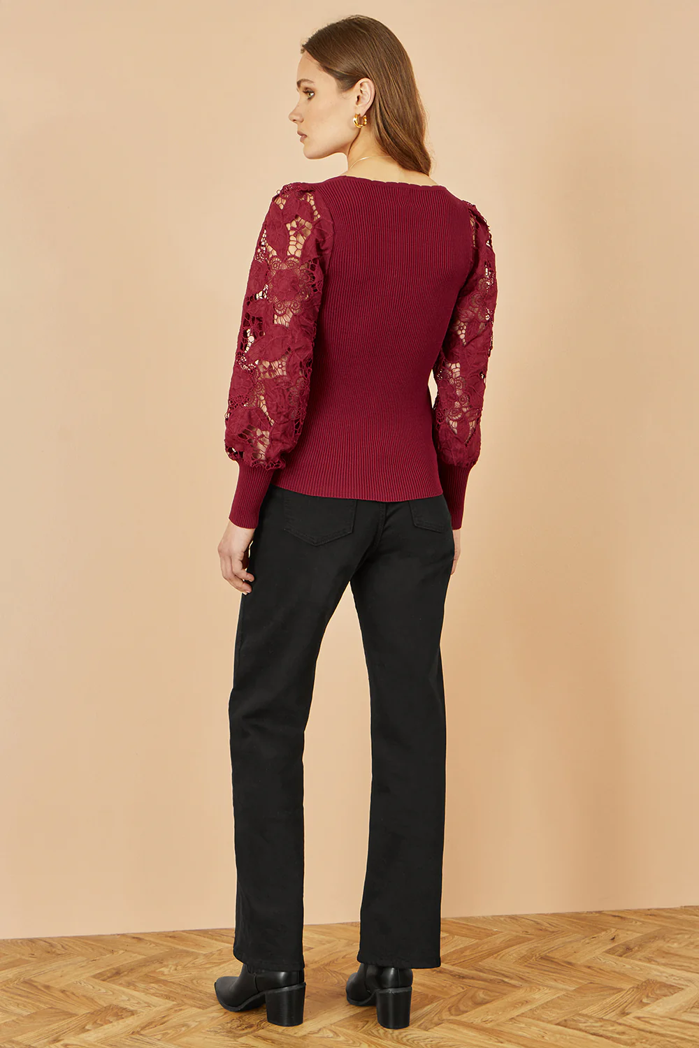 Yumi Burgundy Ribbed Knitted Top With Lace Sleeves - Image 5