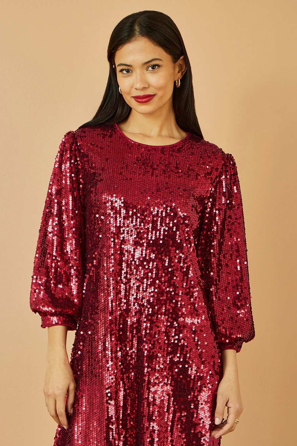 Yumi Burgundy Sequin Tunic Dress With Balloon Sleeves - Image 5