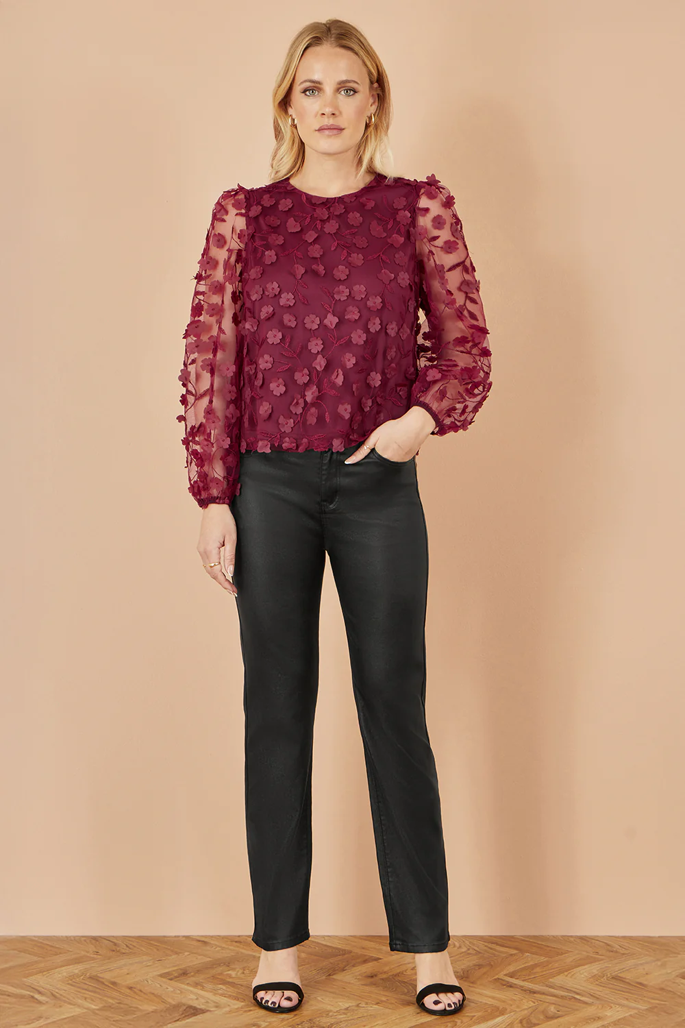 Yumi Burgundy Sheer Sleeve Applique Flower Top - Image 3
