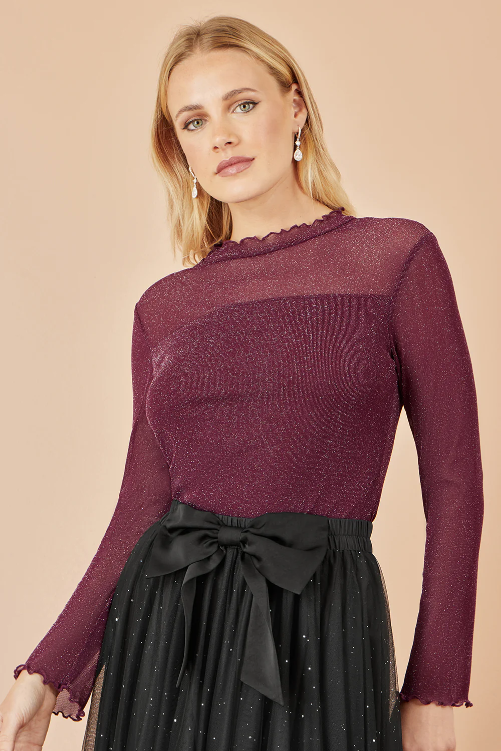 Yumi Burgundy Shimmer Print Mesh Stretch Fitted Top