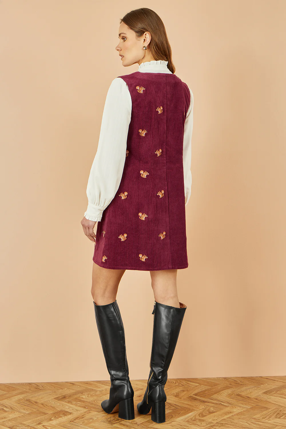 Yumi Burgundy Squirrel Embroidered Button Up Pinafore Dress - Image 4