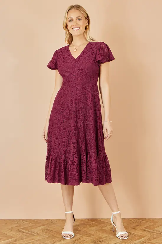 Yumi Burgundy Stretch Lace Puff Sleeve Midi Dress - Image 2