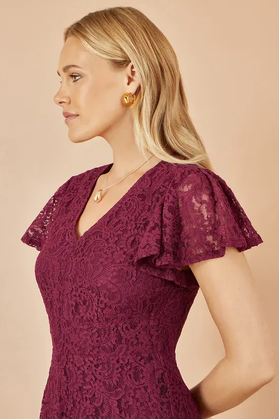 Yumi Burgundy Stretch Lace Puff Sleeve Midi Dress - Image 3