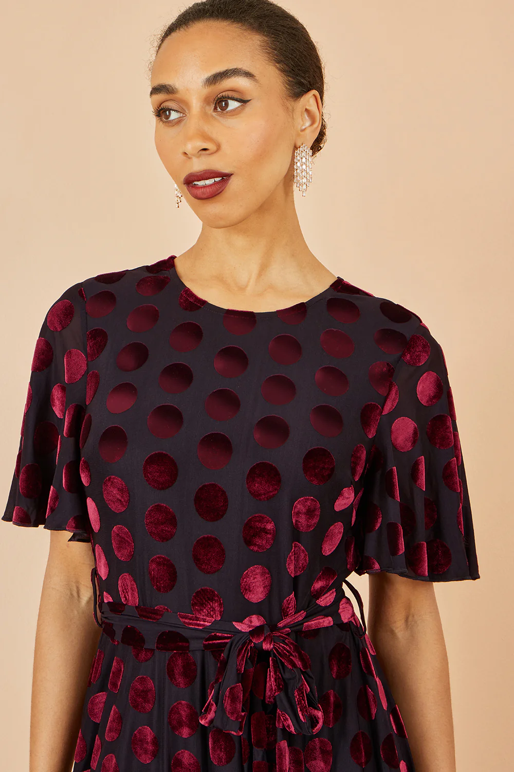 Yumi Burgundy Velour Spot Midi Skater Dress - Image 2