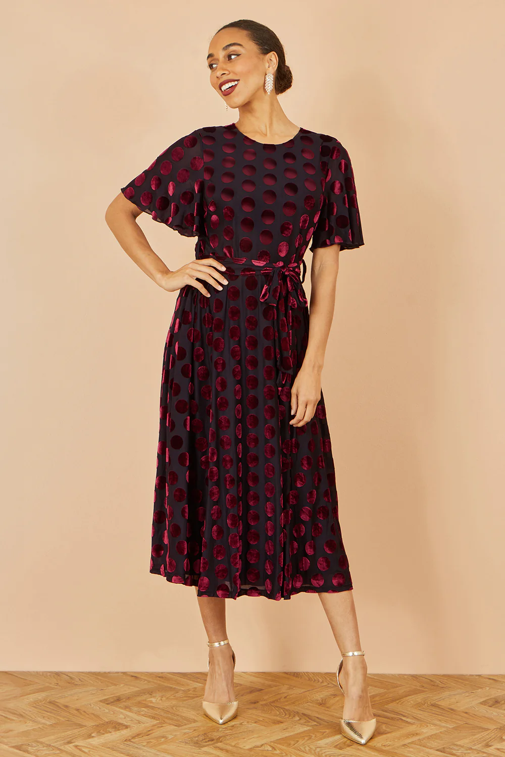 Yumi Burgundy Velour Spot Midi Skater Dress - Image 3