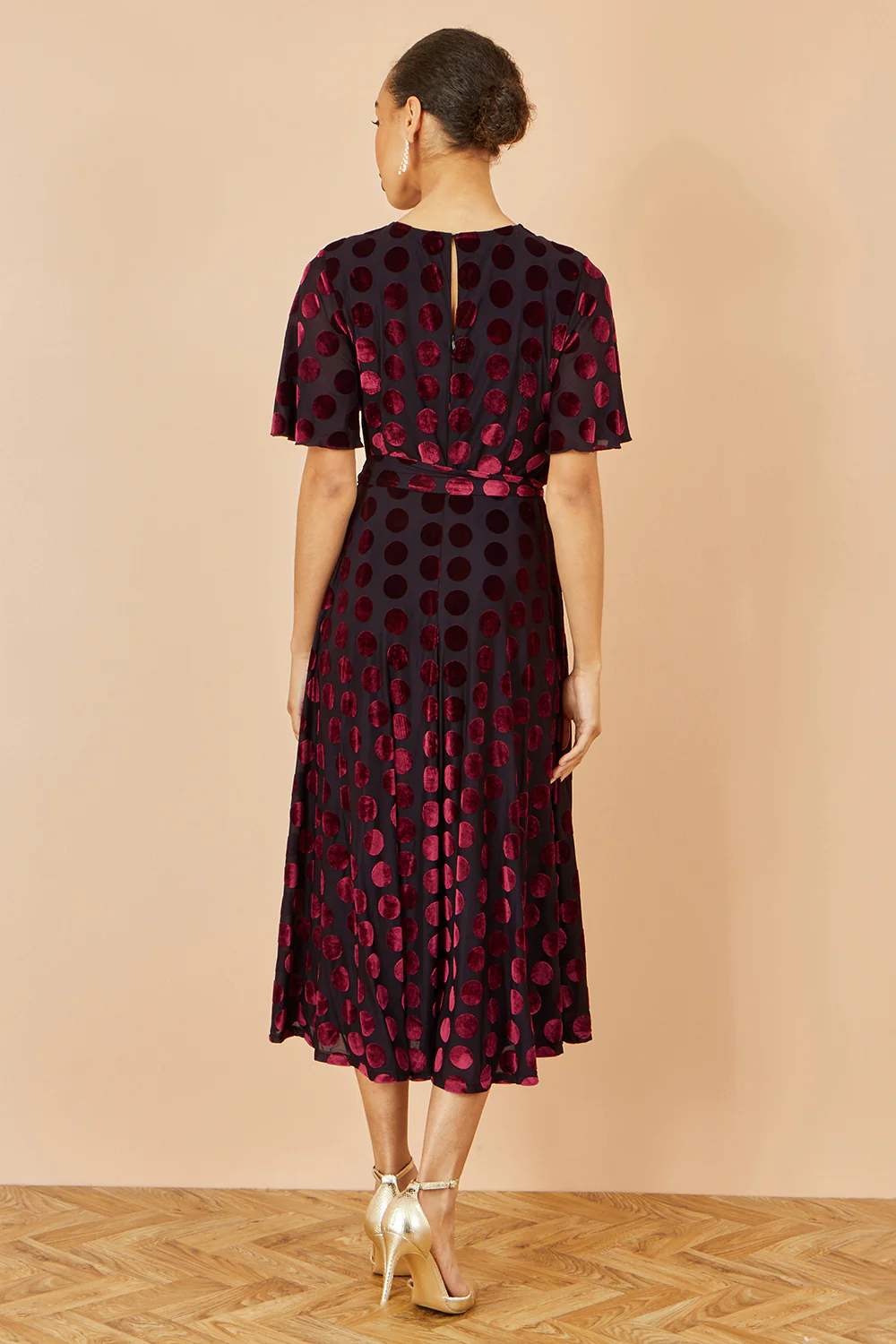 Yumi Burgundy Velour Spot Midi Skater Dress - Image 4