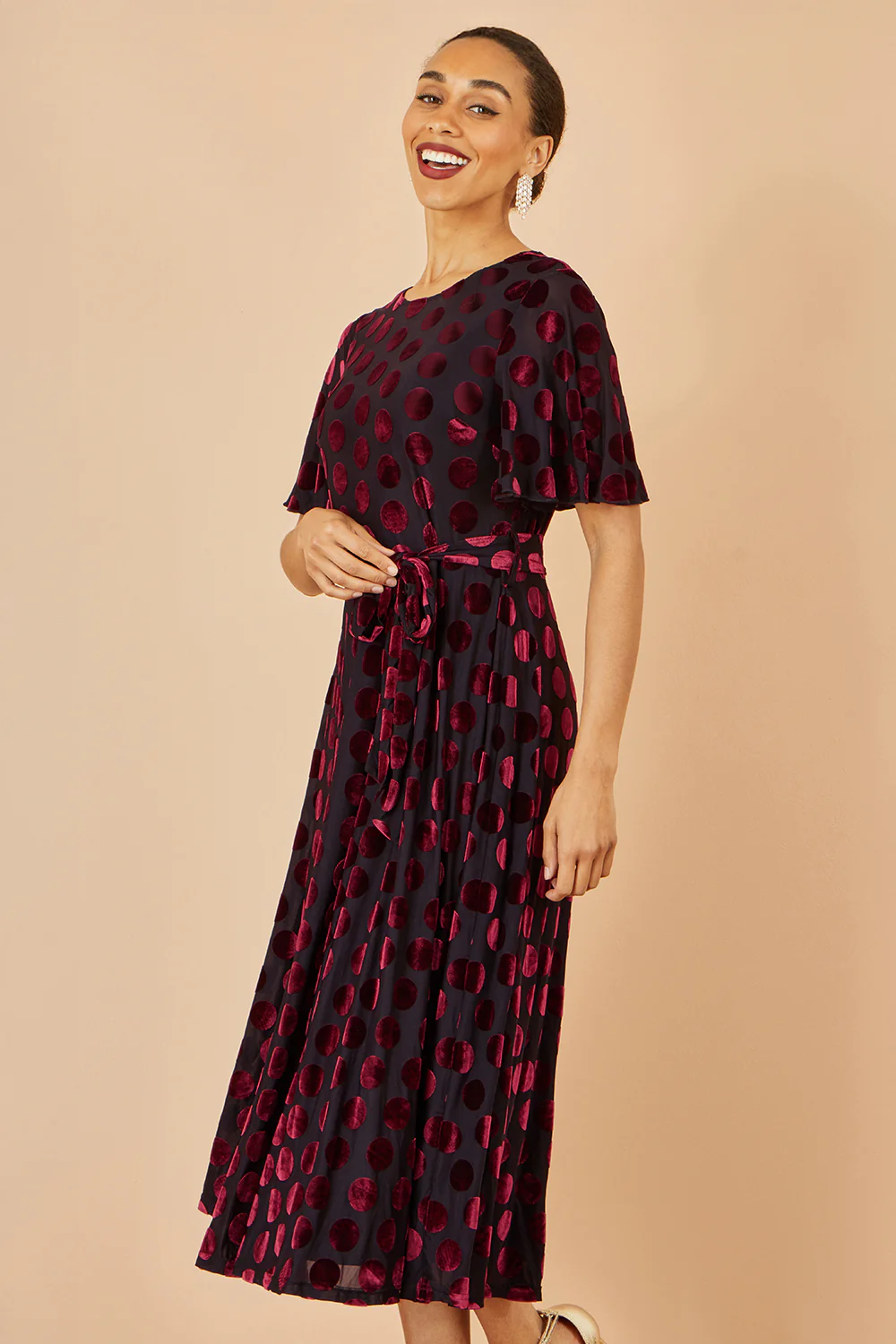 Yumi Burgundy Velour Spot Midi Skater Dress - Image 5
