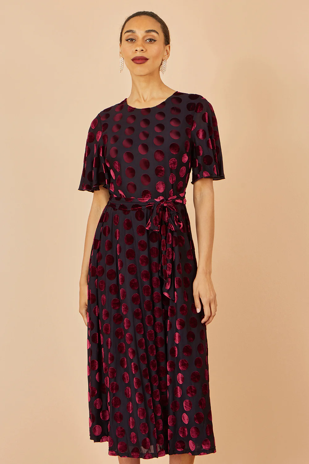 Yumi Burgundy Velour Spot Midi Skater Dress - Image 6