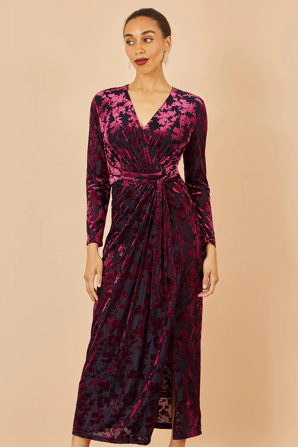 Yumi Burgundy Velour Stretch Midi Dress With Long Sleeves - Image 2