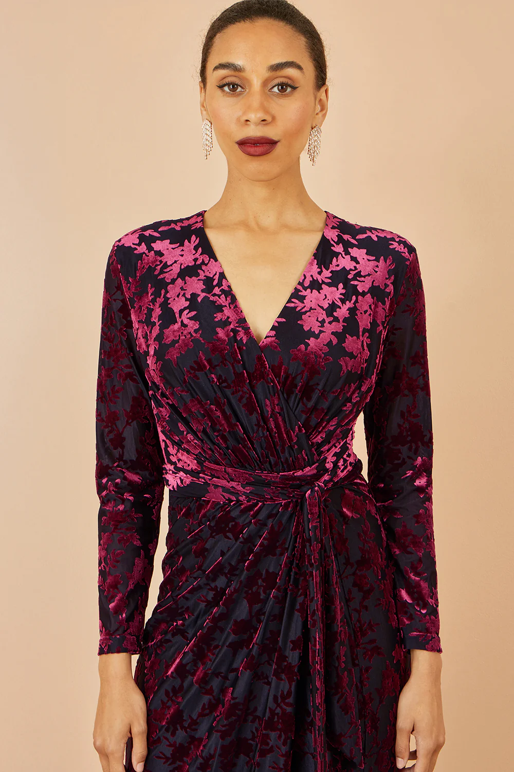Yumi Burgundy Velour Stretch Midi Dress With Long Sleeves - Image 6