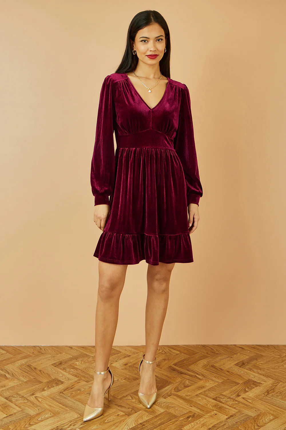 Yumi Burgundy Velvet Long Sleeve Skater Dress - Image 2