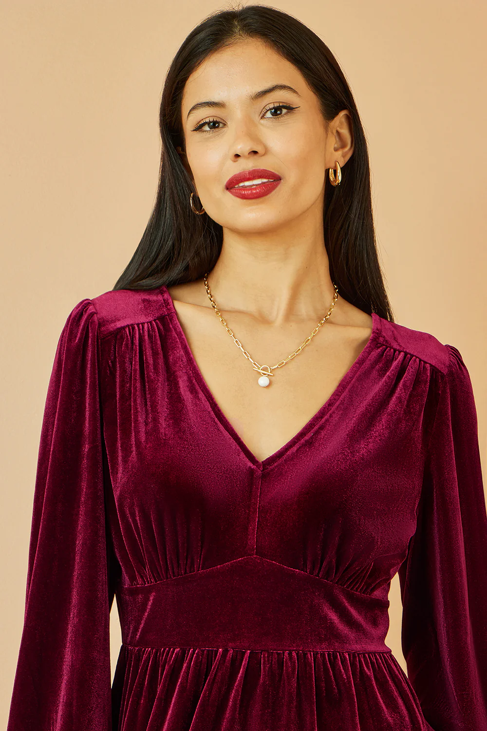 Yumi Burgundy Velvet Long Sleeve Skater Dress - Image 3