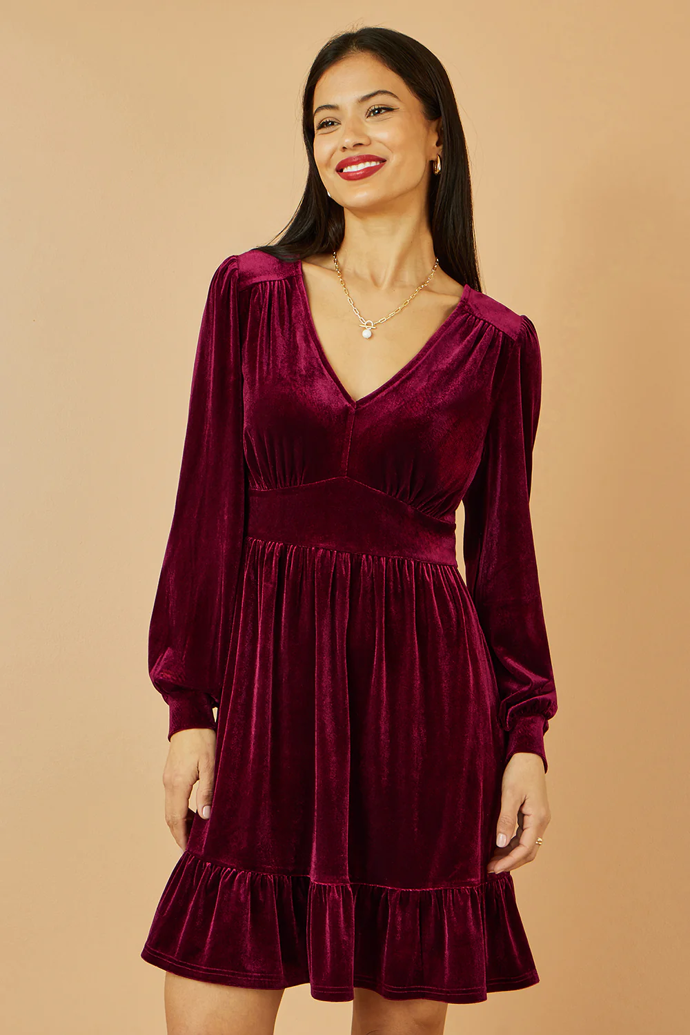 Yumi Burgundy Velvet Long Sleeve Skater Dress - Image 4
