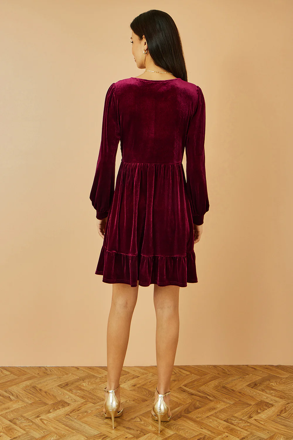 Yumi Burgundy Velvet Long Sleeve Skater Dress - Image 5