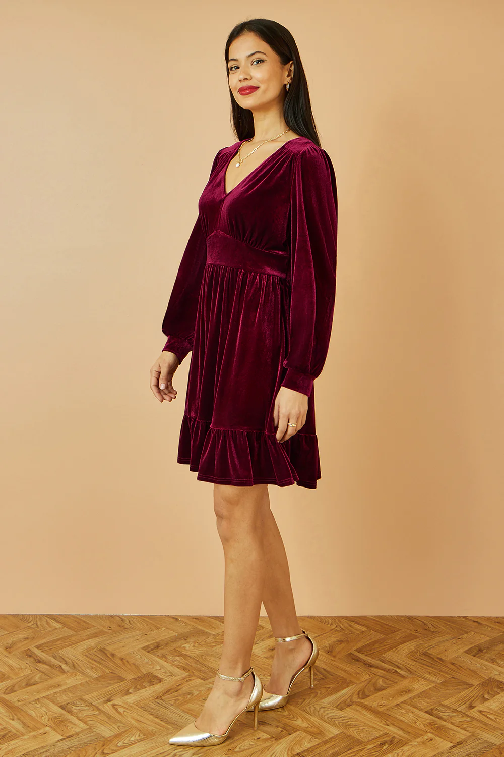Yumi Burgundy Velvet Long Sleeve Skater Dress - Image 6