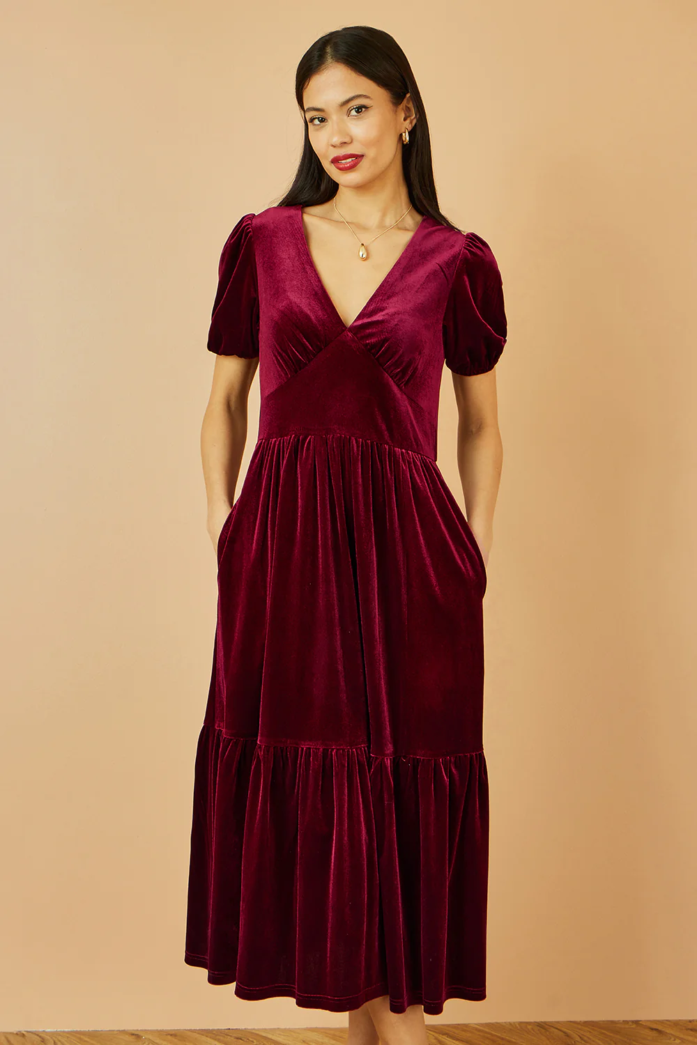 Yumi Burgundy Velvet Midi Dress - Image 3