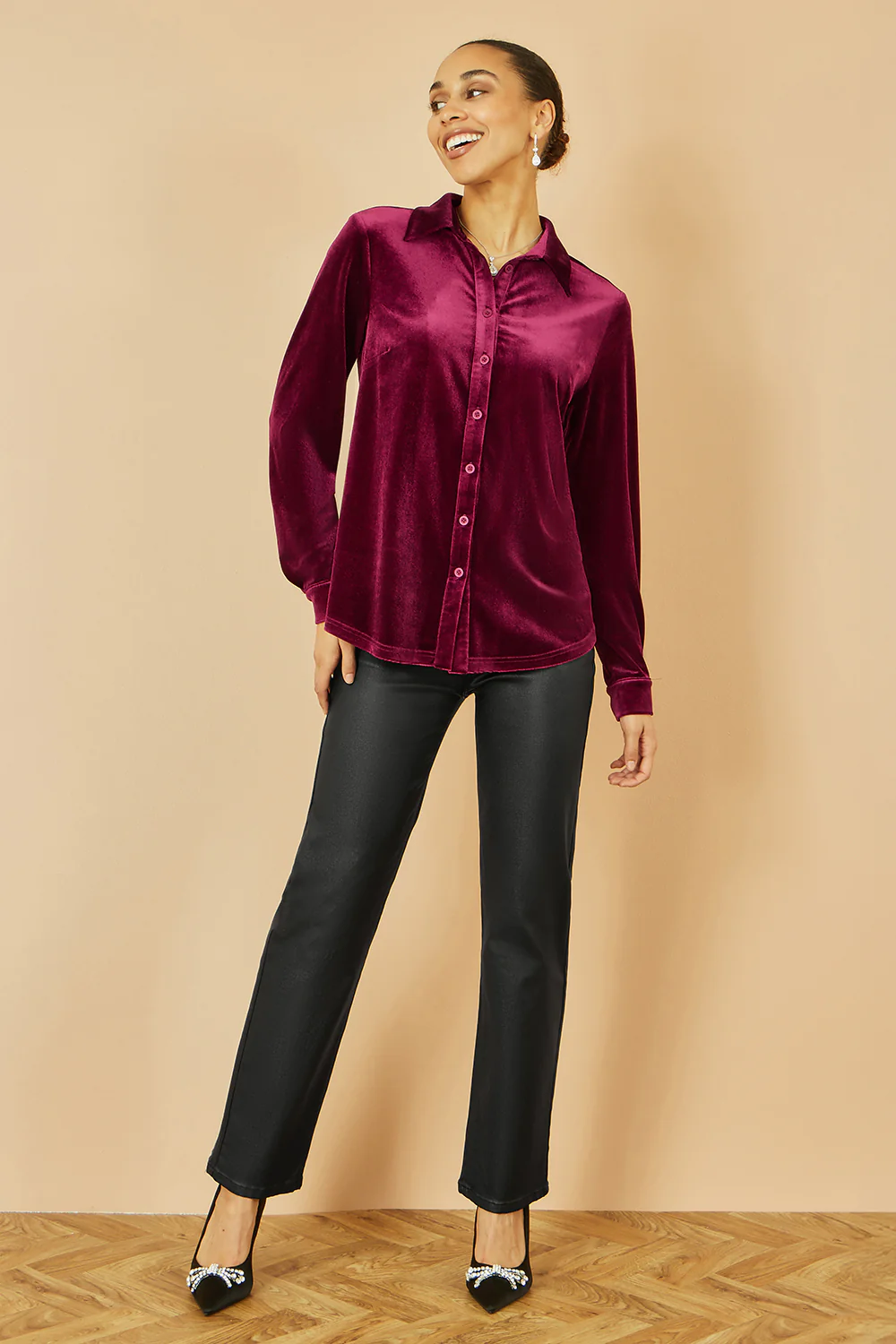 Yumi Burgundy Velvet Relaxed Fit Shirt - Image 2