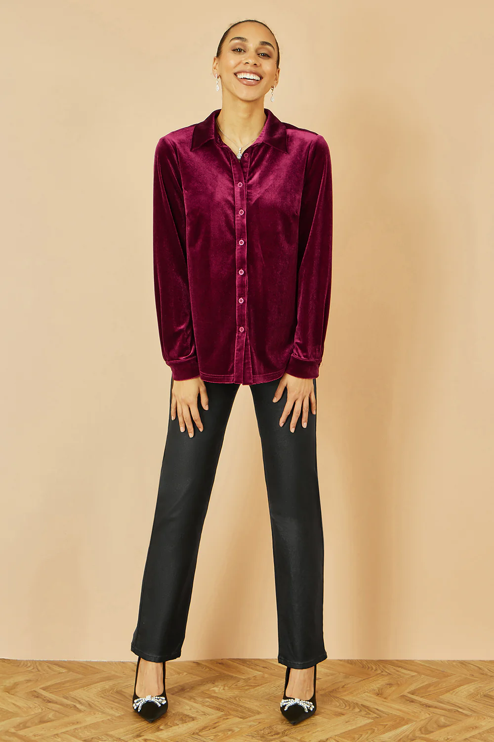 Yumi Burgundy Velvet Relaxed Fit Shirt - Image 4