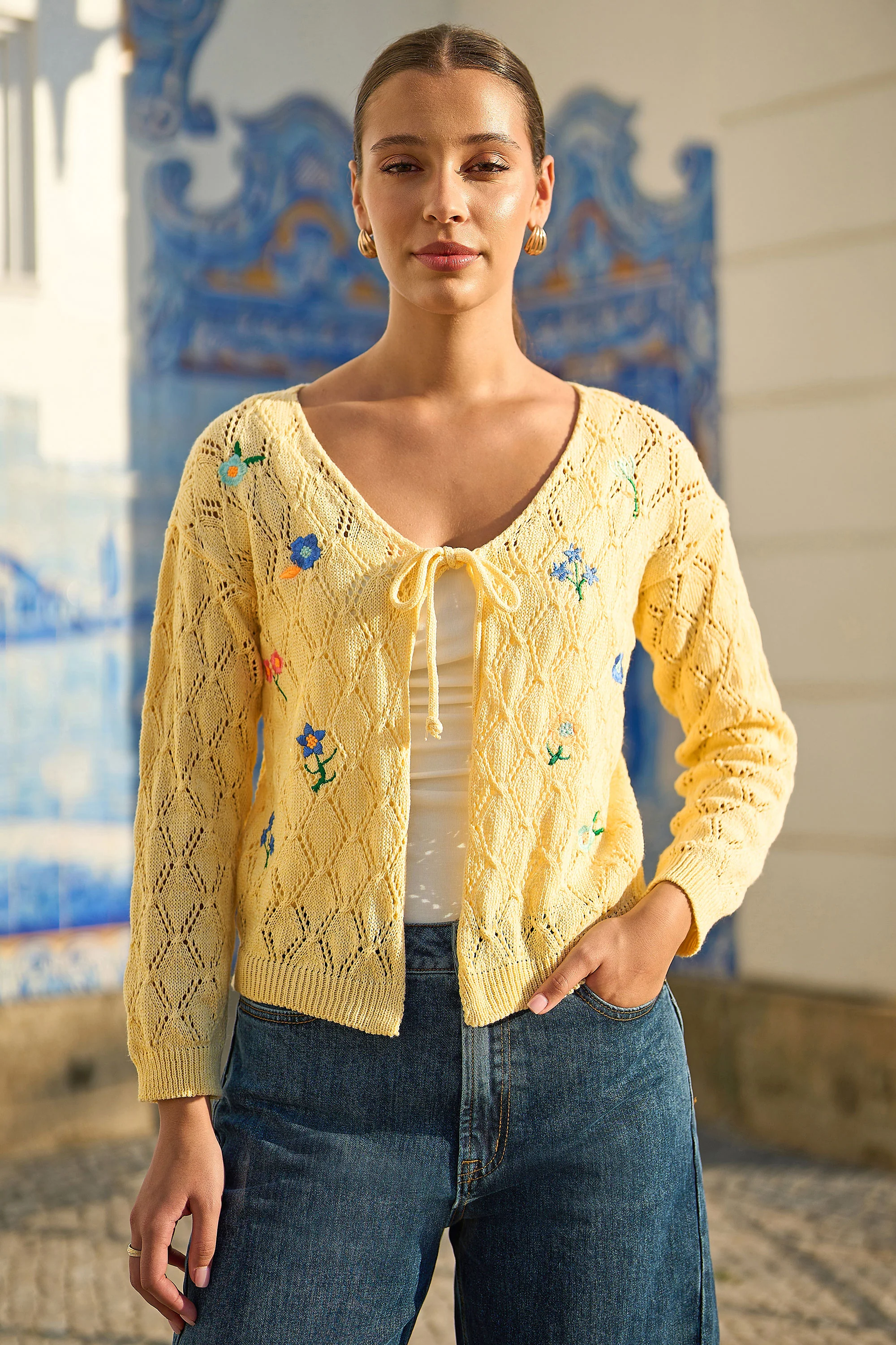 Yumi Butter Yellow Embroidered Pointelle Cardigan - Image 6