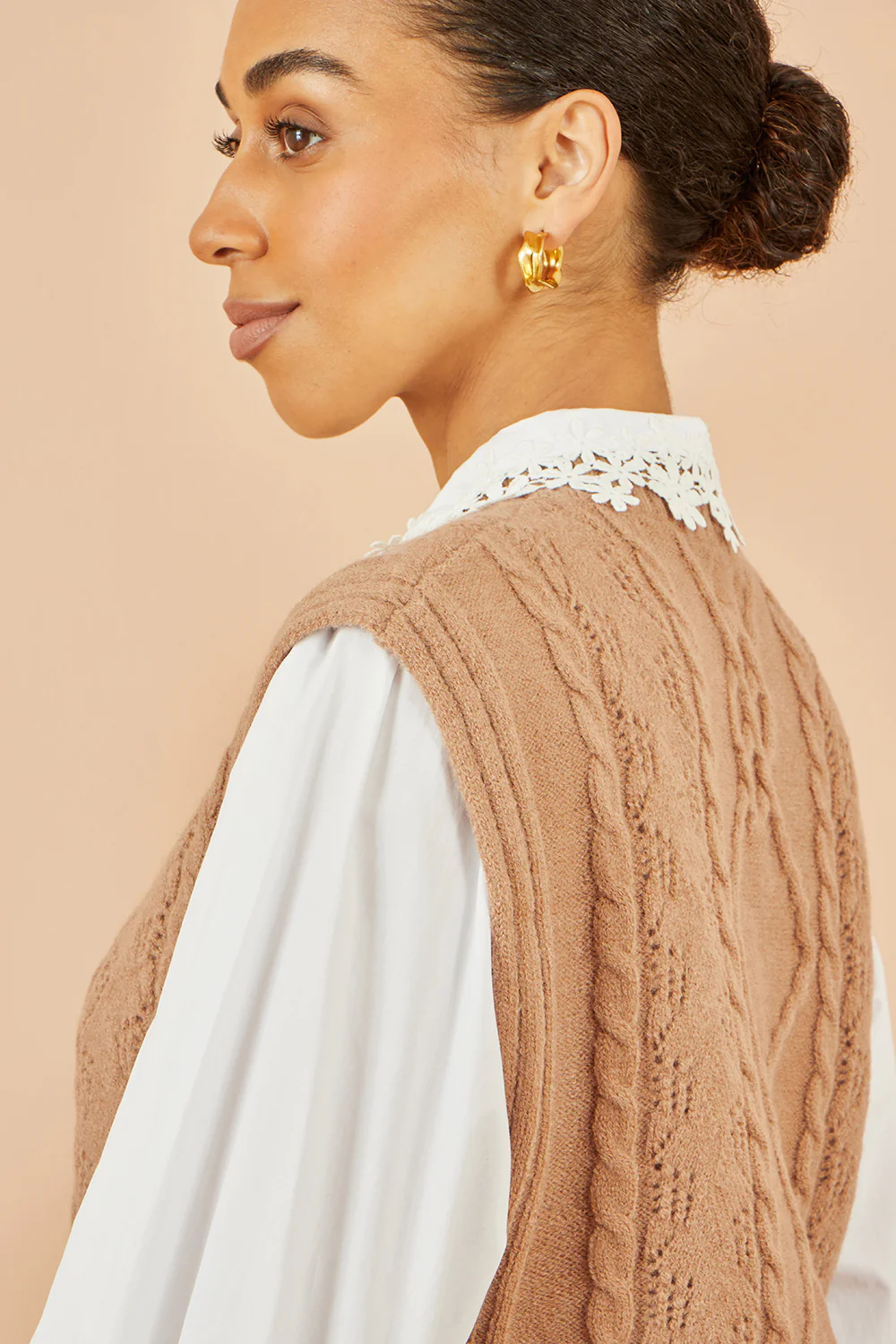 Yumi Camel Flower Cable Knit Tie Side Pullover - Image 3