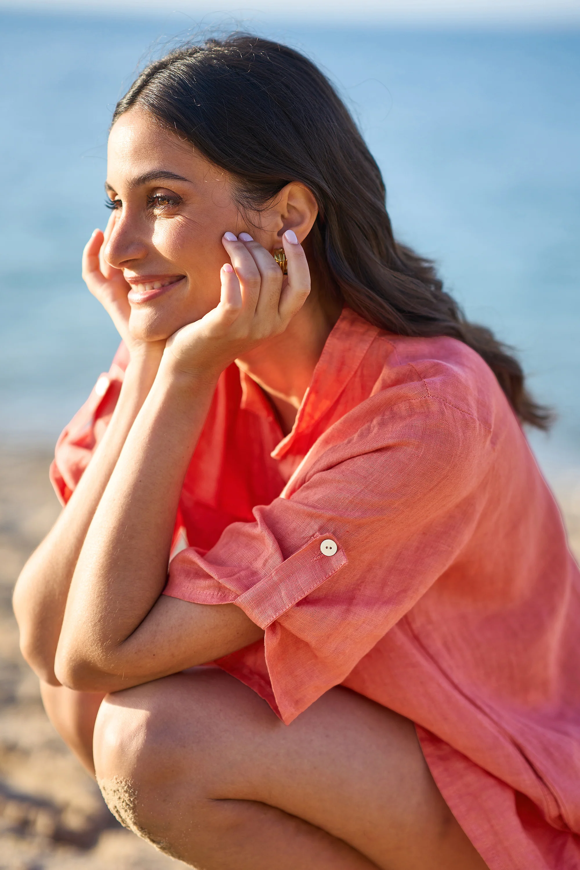 Yumi Coral Italian Linen Shirt Dress With Frill Hem - Image 3