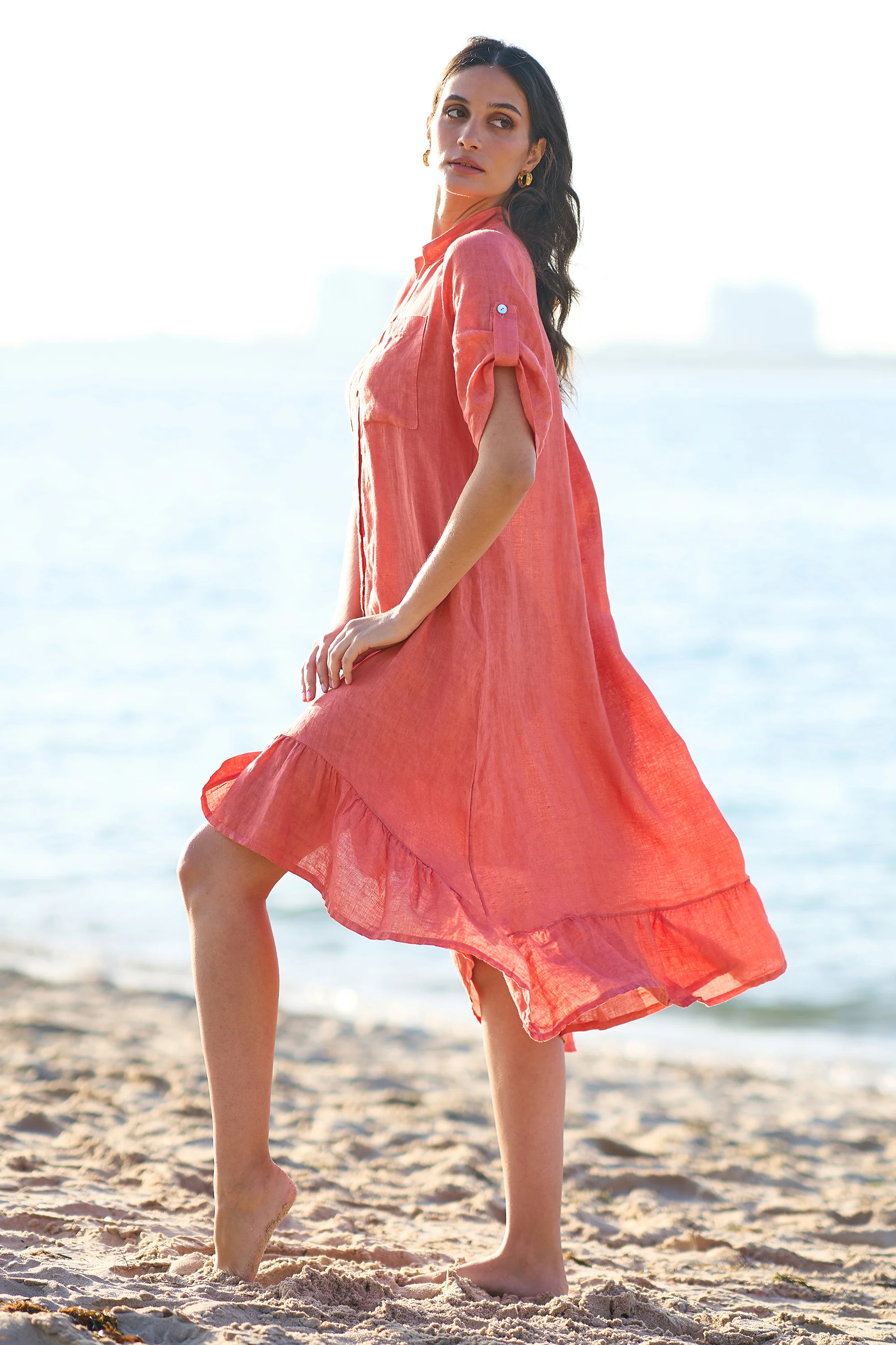 Yumi Coral Italian Linen Shirt Dress With Frill Hem - Image 4