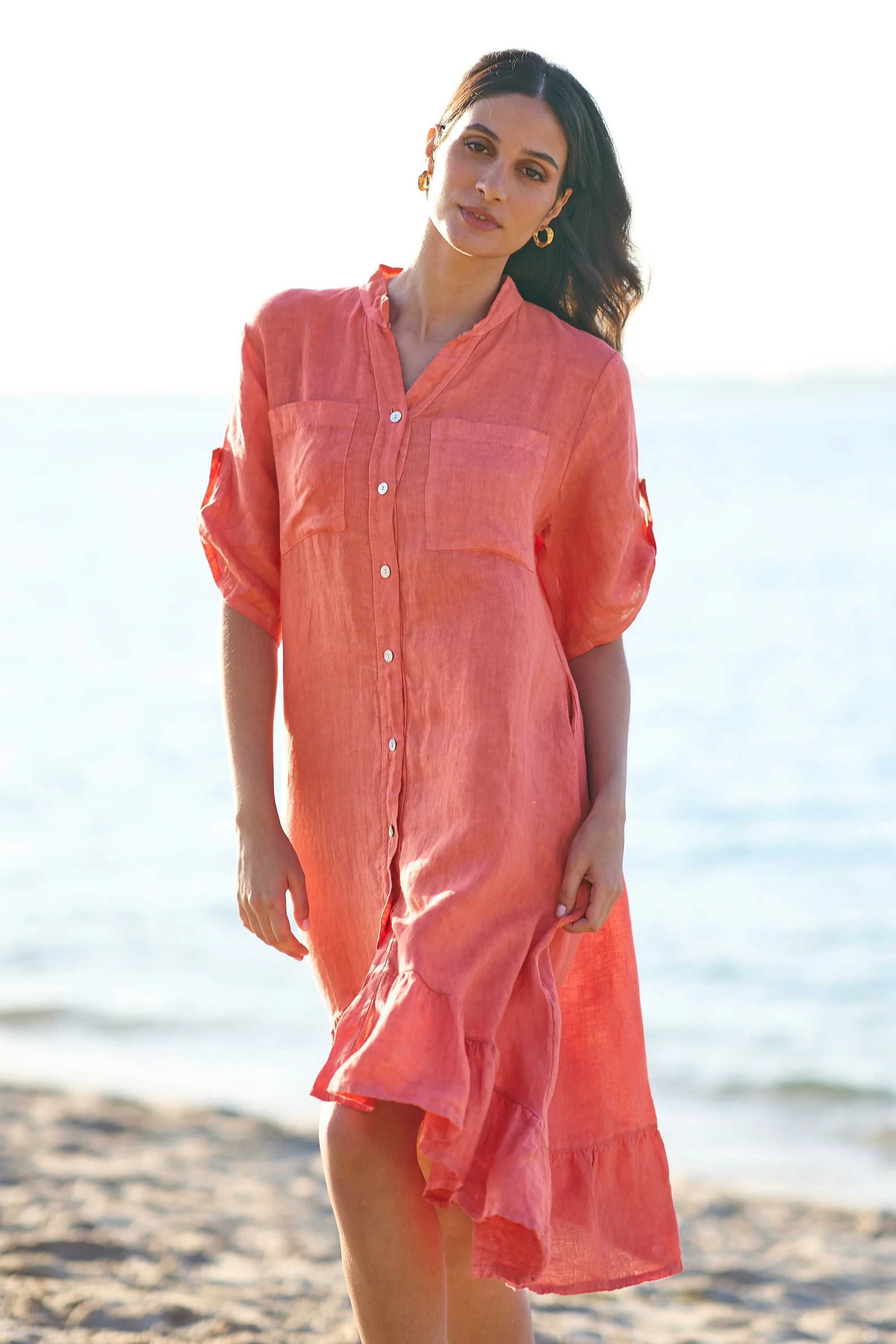 Yumi Coral Italian Linen Shirt Dress With Frill Hem - Image 5