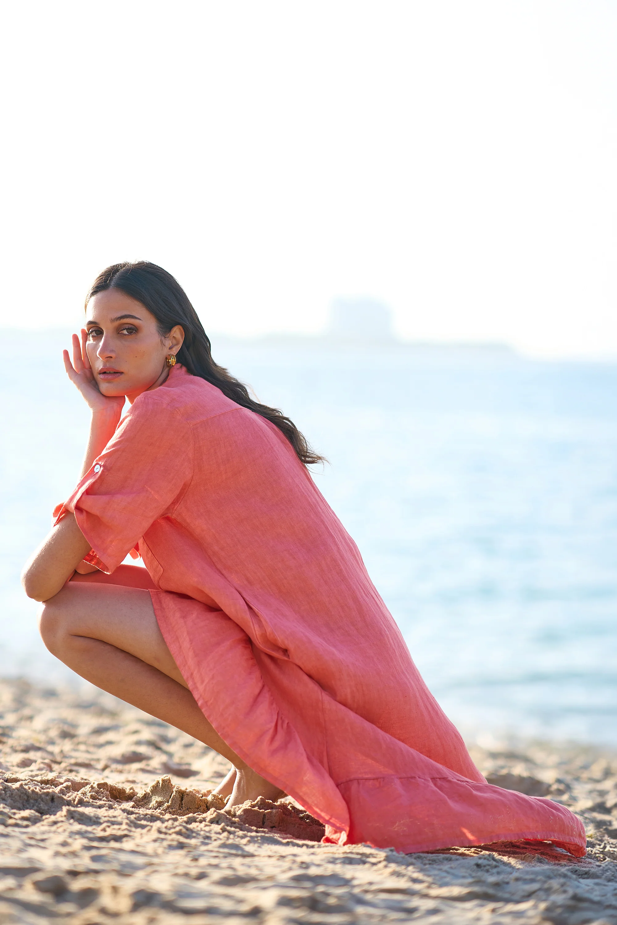 Yumi Coral Italian Linen Shirt Dress With Frill Hem - Image 6