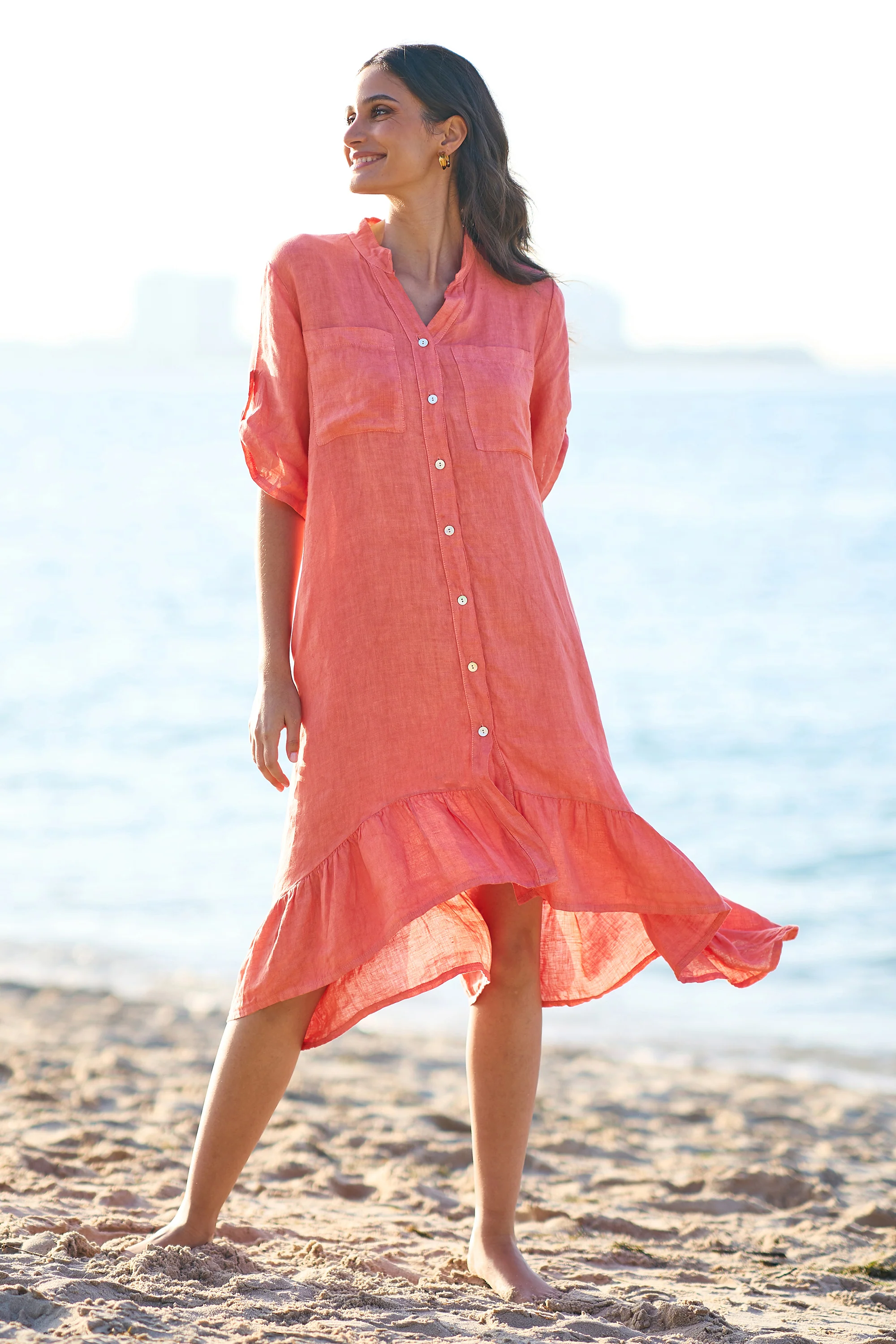 Yumi Coral Italian Linen Shirt Dress With Frill Hem - Image 7
