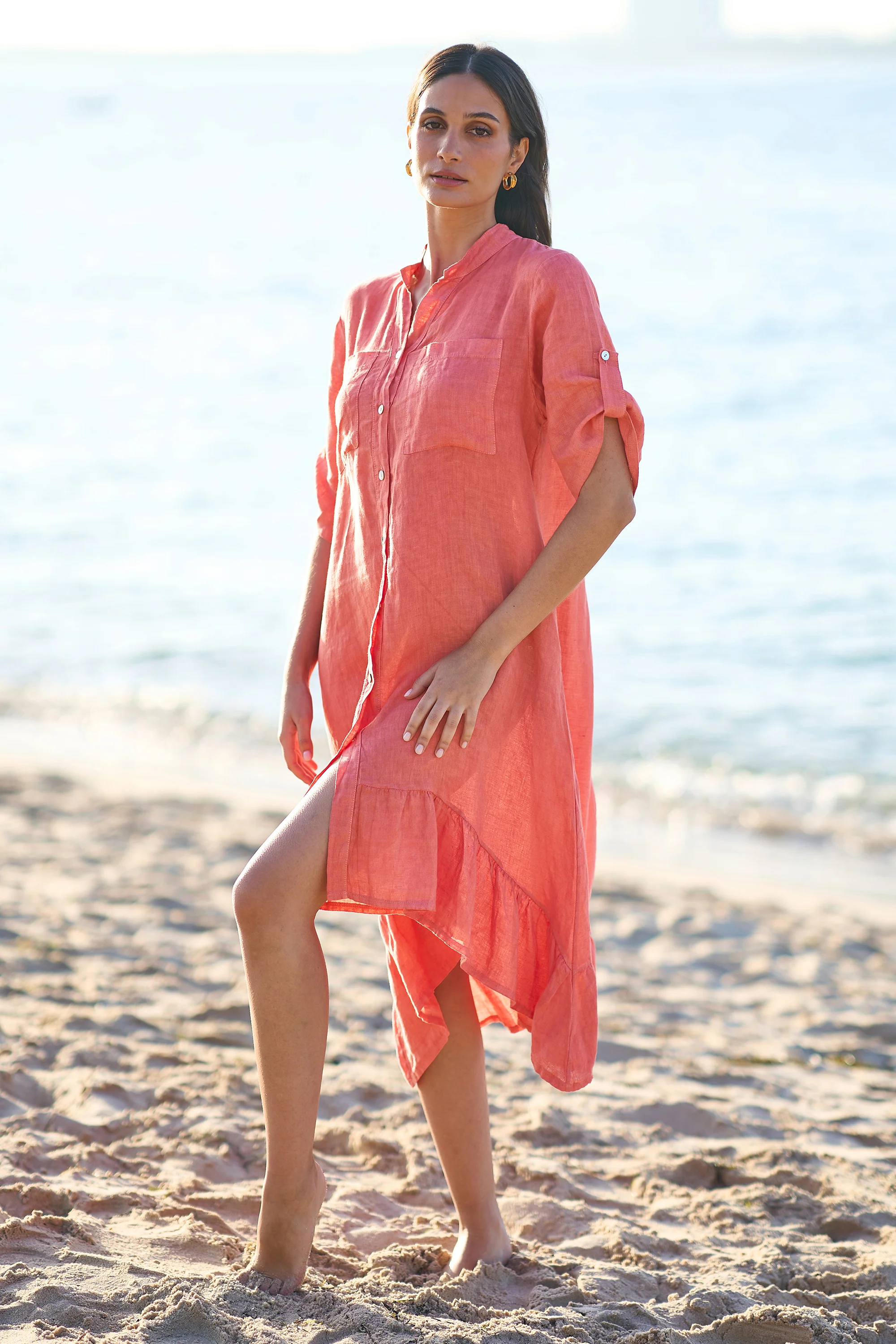 Yumi Coral Italian Linen Shirt Dress With Frill Hem - Image 8