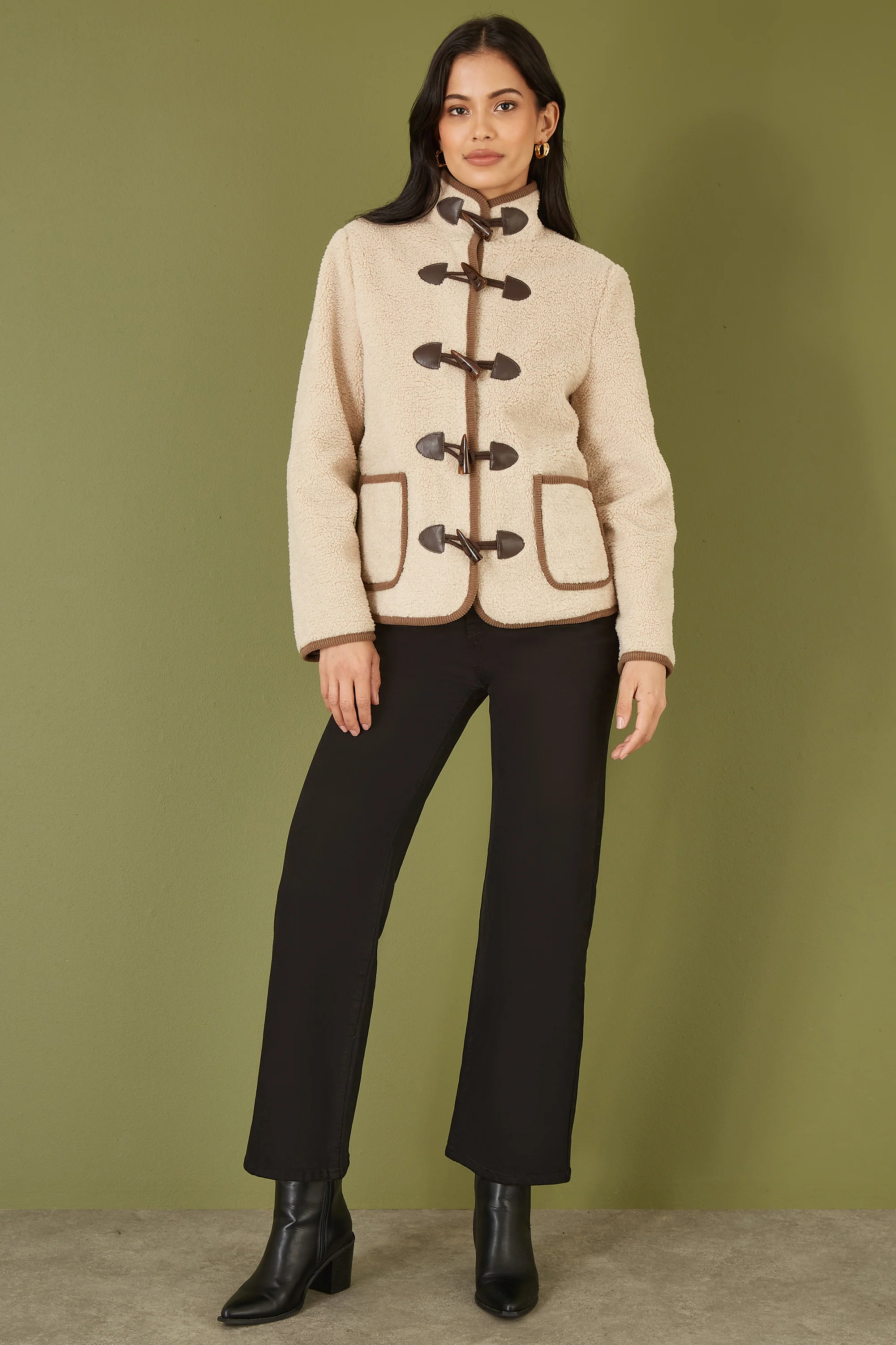 Yumi Cream Borg Jacket With Faux Leather Button Details - Image 2