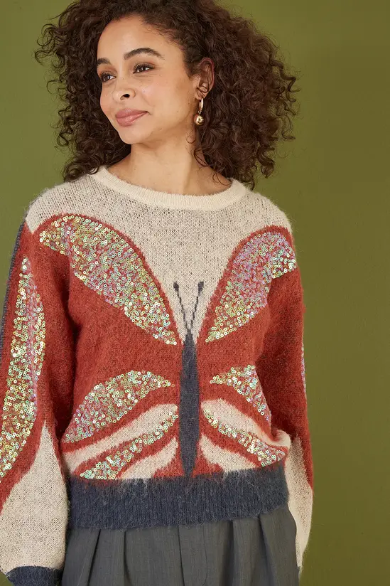 Yumi Cream Butterfly Sequin Knitted Jumper - Image 4
