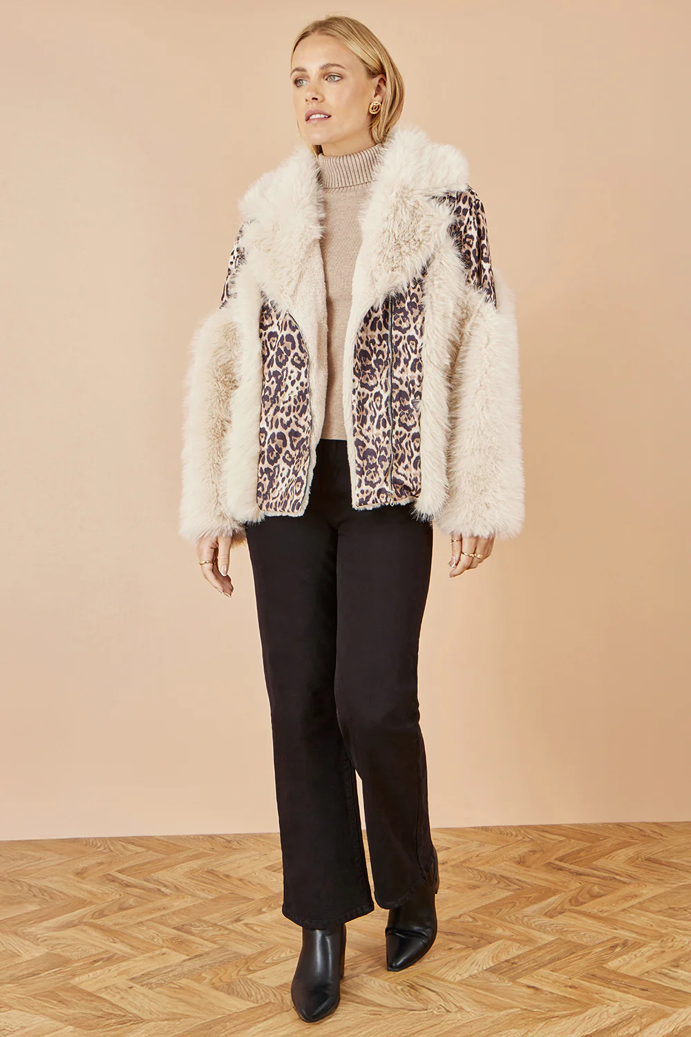 Yumi Cream Fur Biker Jacket With Leopard Print - Image 2